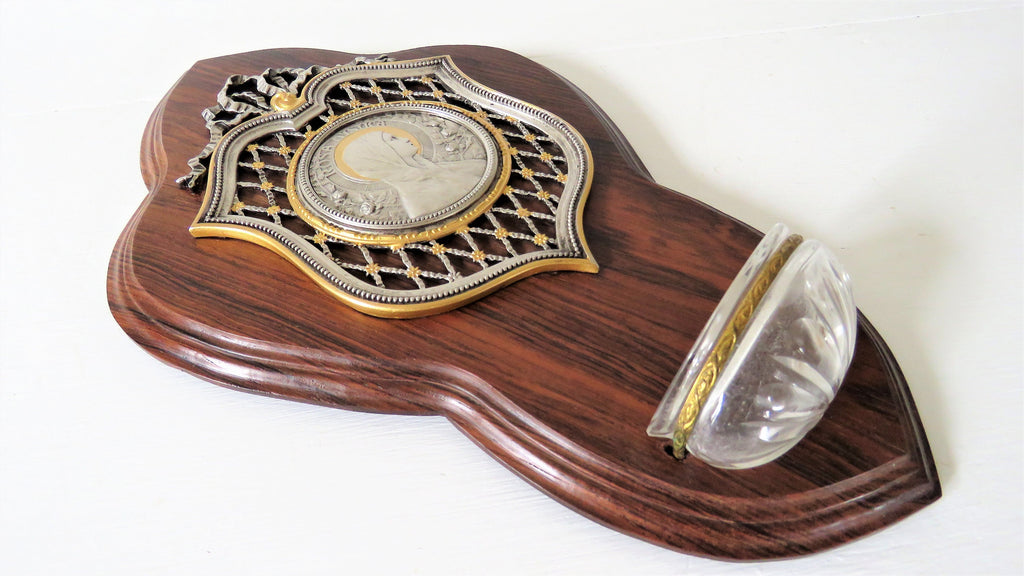 Antique French Rosa Mystica Benitier: Holy Water Font, Rosewood Plaque - Vintage French Treasures
