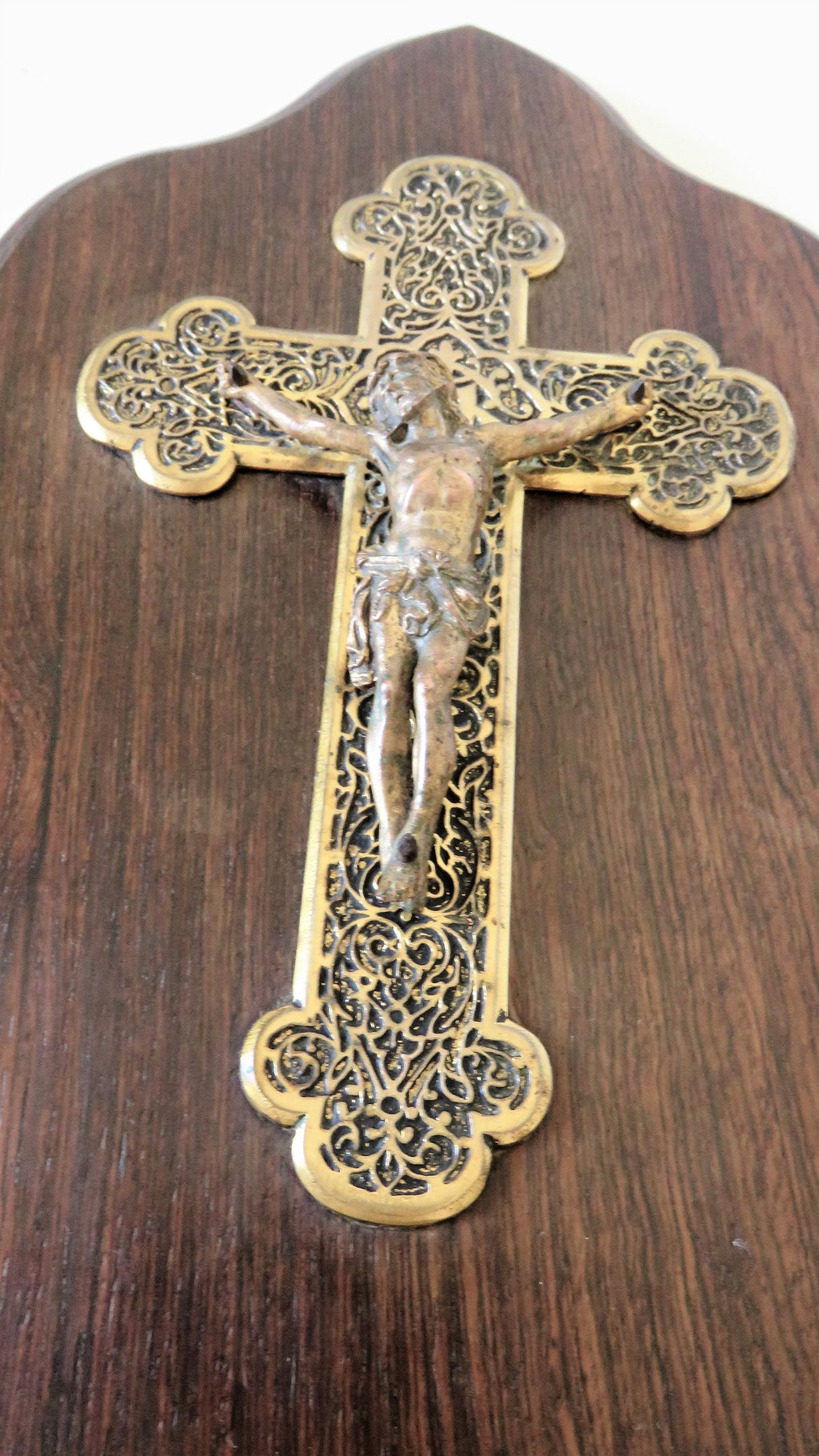 Antique wall-mounted holy water font with crucifix, wood and base metal - Vintage French Treasures