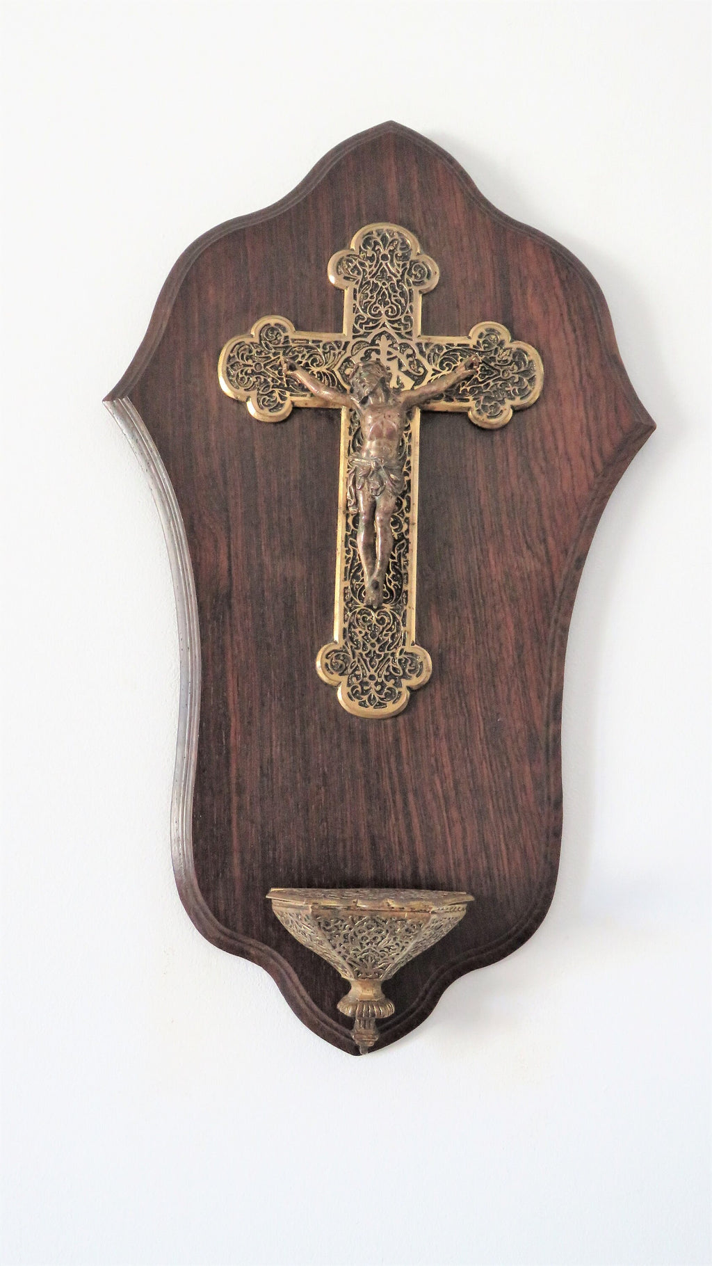Antique wall-mounted holy water font with crucifix, wood and base metal - Vintage French Treasures