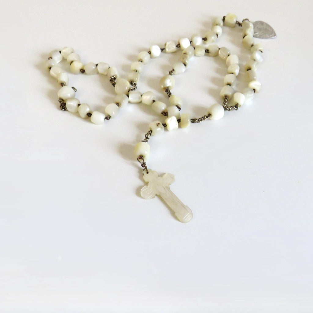 Antique Mother of Pearl Rosary: 19th Century French Catholic Fishtail Chain - Vintage French Treasures