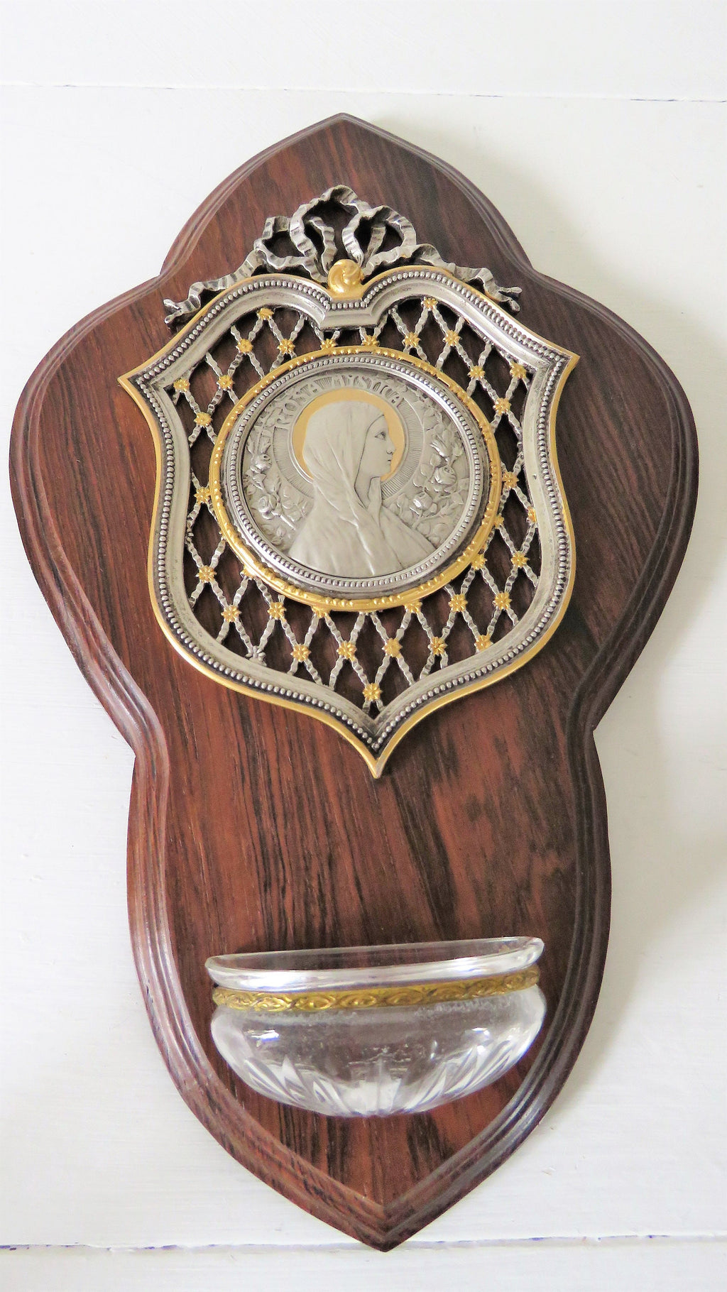 Antique French Rosa Mystica Benitier: Holy Water Font, Rosewood Plaque - Vintage French Treasures