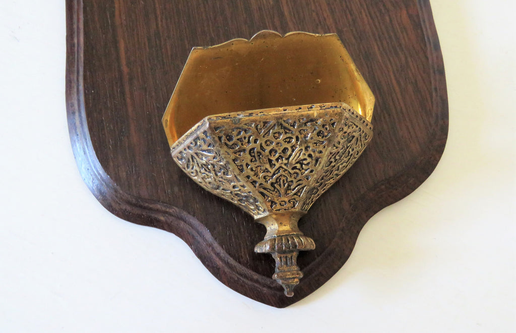 Antique wall-mounted holy water font with crucifix, wood and base metal - Vintage French Treasures