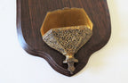 Antique wall-mounted holy water font with crucifix, wood and base metal - Vintage French Treasures