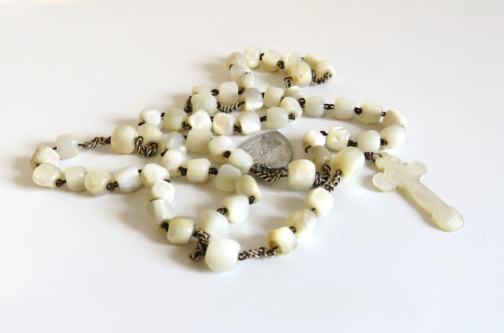 Antique Mother of Pearl Rosary: 19th Century French Catholic Fishtail Chain - Vintage French Treasures