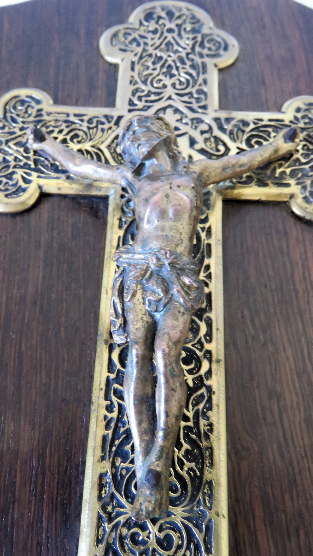 Antique wall-mounted holy water font with crucifix, wood and base metal - Vintage French Treasures