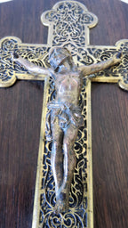 Antique wall-mounted holy water font with crucifix, wood and base metal - Vintage French Treasures