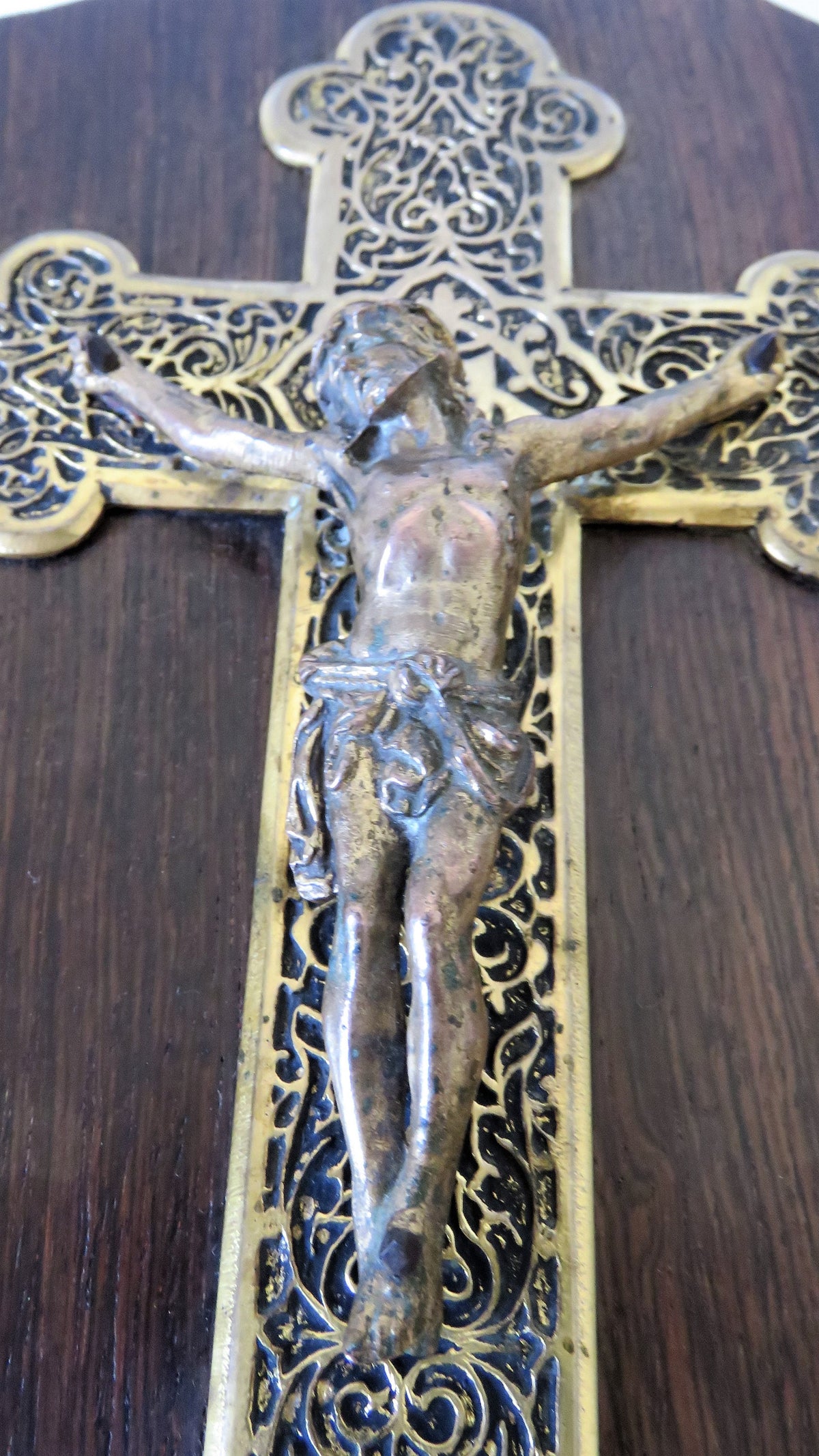Antique wall-mounted holy water font with crucifix, wood and base metal - Vintage French Treasures