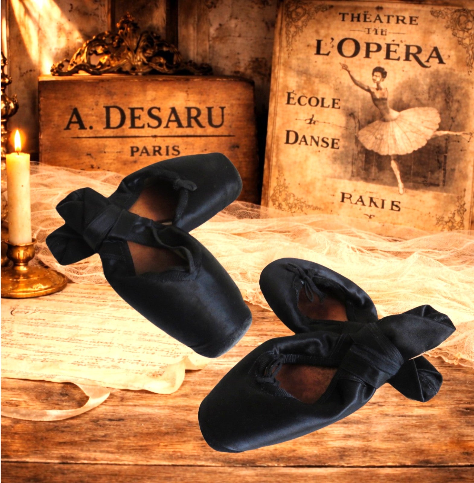 Antique French Ballet Shoes – Black Satin Pointe Slippers – Paris – Size 11 - Vintage French Treasures