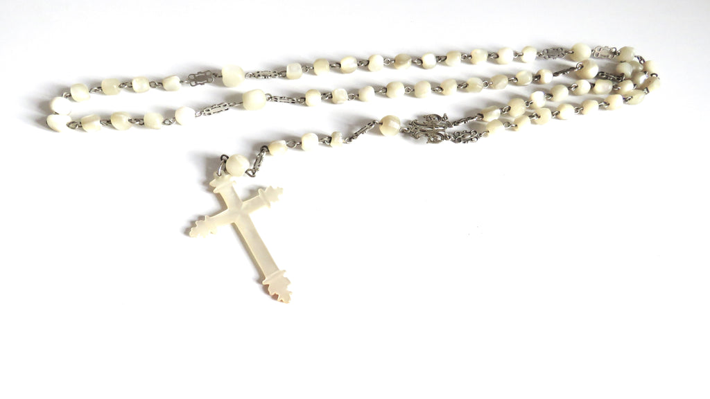 Antique French Silver Mother of Pearl Rosary, Large 1800s Catholic Rosary, Marian Centre, Carved Crucifix, Devotional Antique - Vintage French Treasures