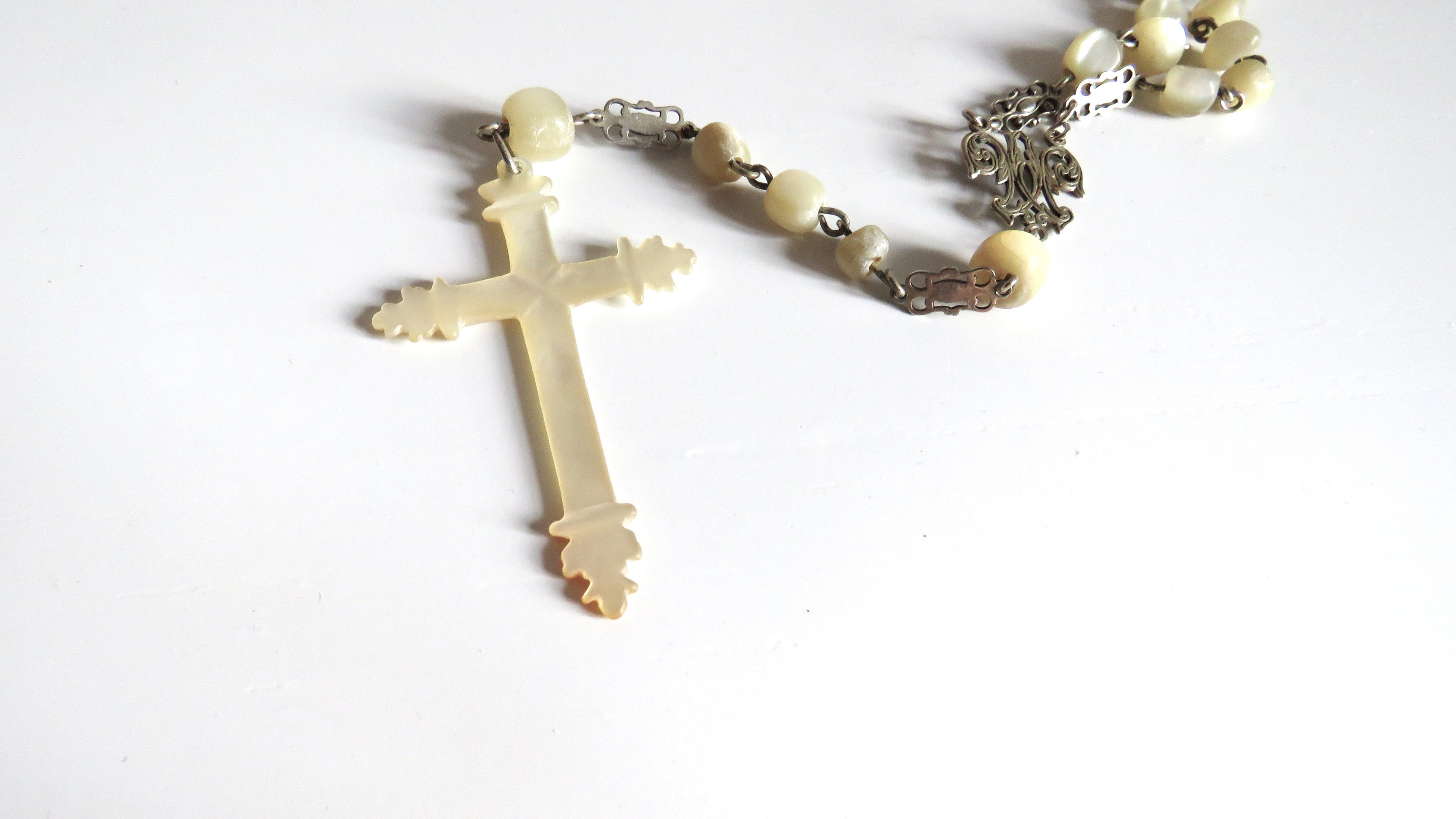 Antique French Silver Mother of Pearl Rosary, Large 1800s Catholic Rosary, Marian Centre, Carved Crucifix, Devotional Antique - Vintage French Treasures