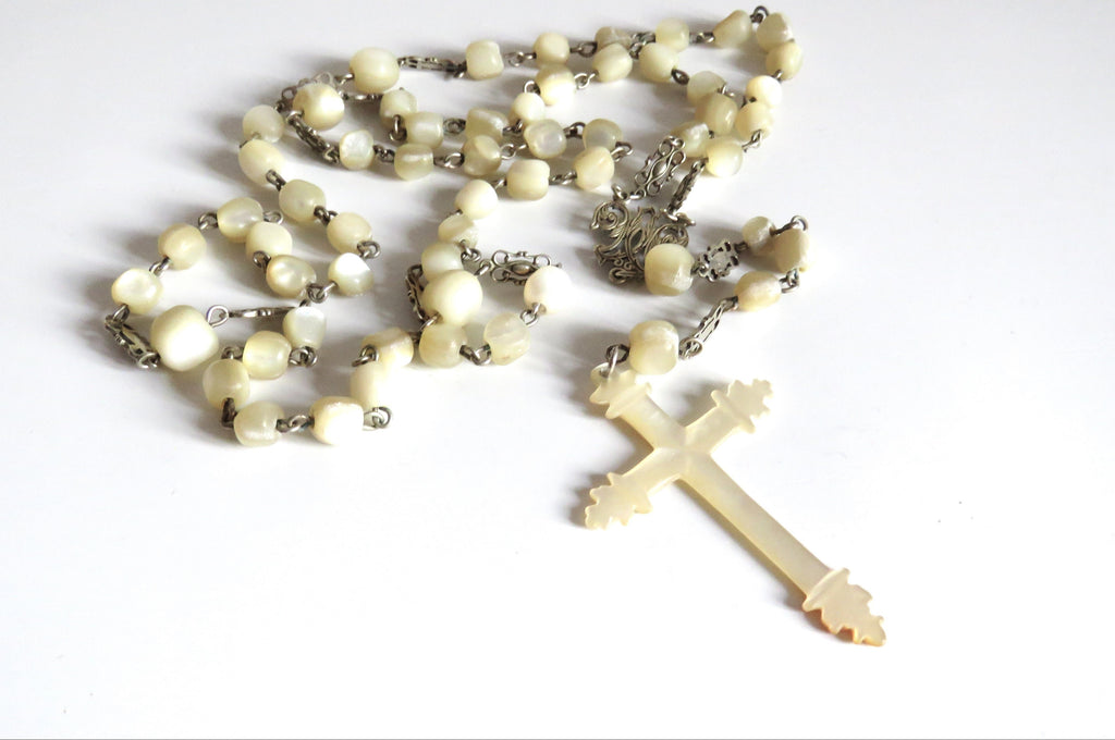 Antique French Silver Mother of Pearl Rosary, Large 1800s Catholic Rosary, Marian Centre, Carved Crucifix, Devotional Antique - Vintage French Treasures