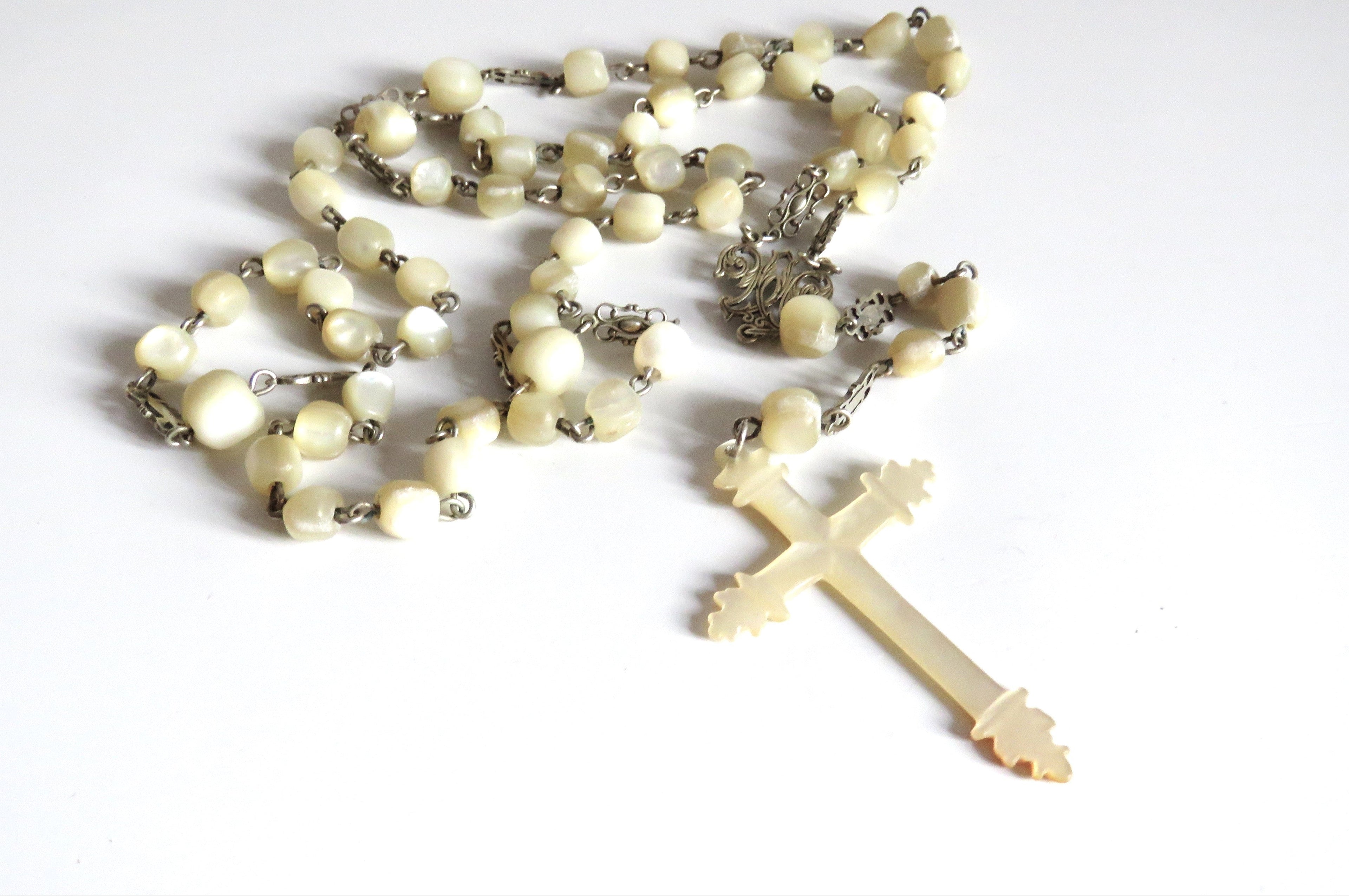 Antique French Silver Mother of Pearl Rosary, Large 1800s Catholic Rosary, Marian Centre, Carved Crucifix, Devotional Antique - Vintage French Treasures