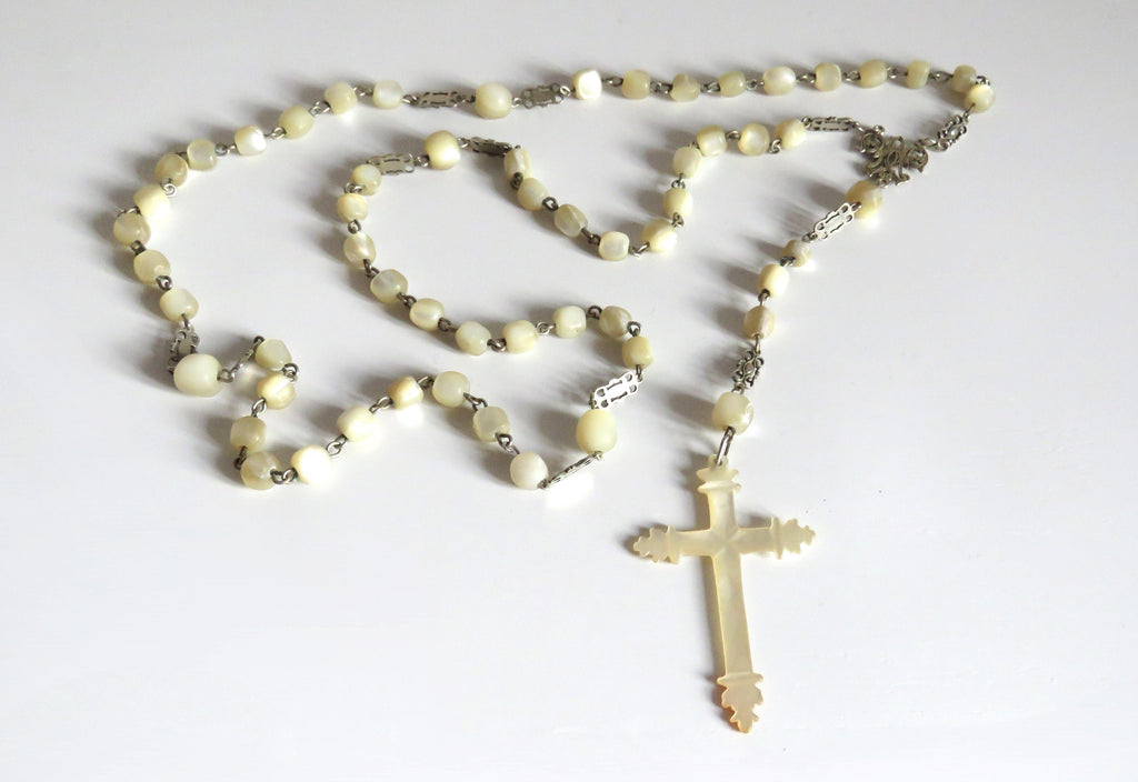 Antique French Silver Mother of Pearl Rosary, Large 1800s Catholic Rosary, Marian Centre, Carved Crucifix, Devotional Antique - Vintage French Treasures