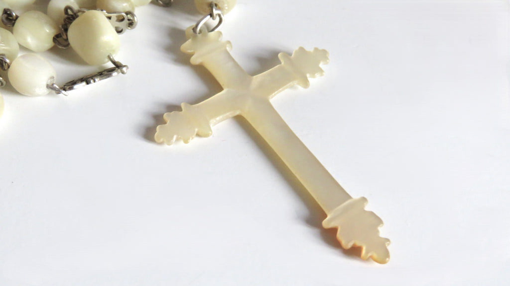 Antique French Silver Mother of Pearl Rosary, Large 1800s Catholic Rosary, Marian Centre, Carved Crucifix, Devotional Antique - Vintage French Treasures