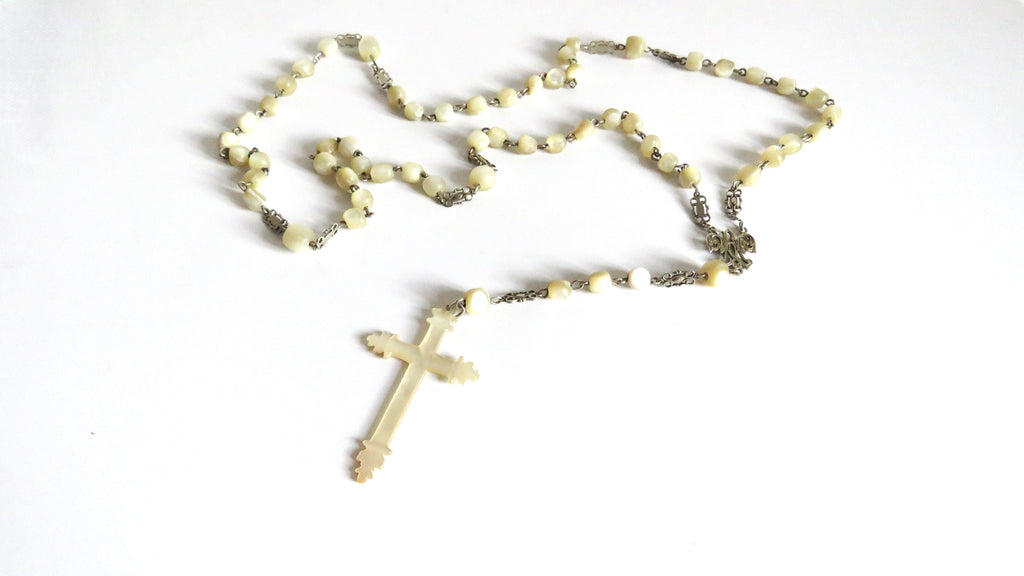 Antique French Silver Mother of Pearl Rosary, Large 1800s Catholic Rosary, Marian Centre, Carved Crucifix, Devotional Antique - Vintage French Treasures