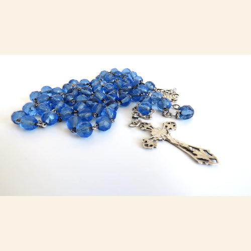 Antique French Blue Glass Rosary with Hallmarked Silver Crucifix & Centre | Sanglier and Crab Hallmarks - Vintage French Treasures