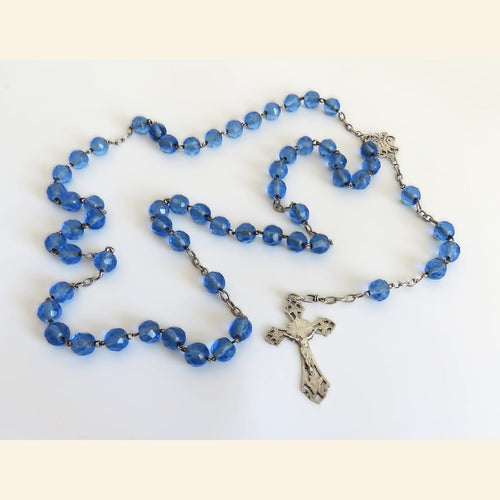 Antique French Blue Glass Rosary with Hallmarked Silver Crucifix & Centre | Sanglier and Crab Hallmarks - Vintage French Treasures