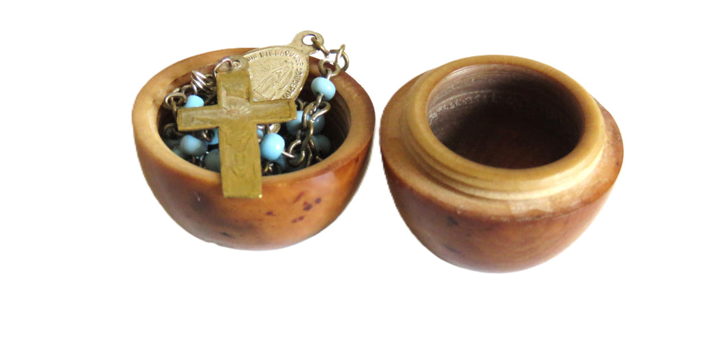 Antique French Lourdes Rosary in Treen Wooden Egg Case - Vintage French Treasures