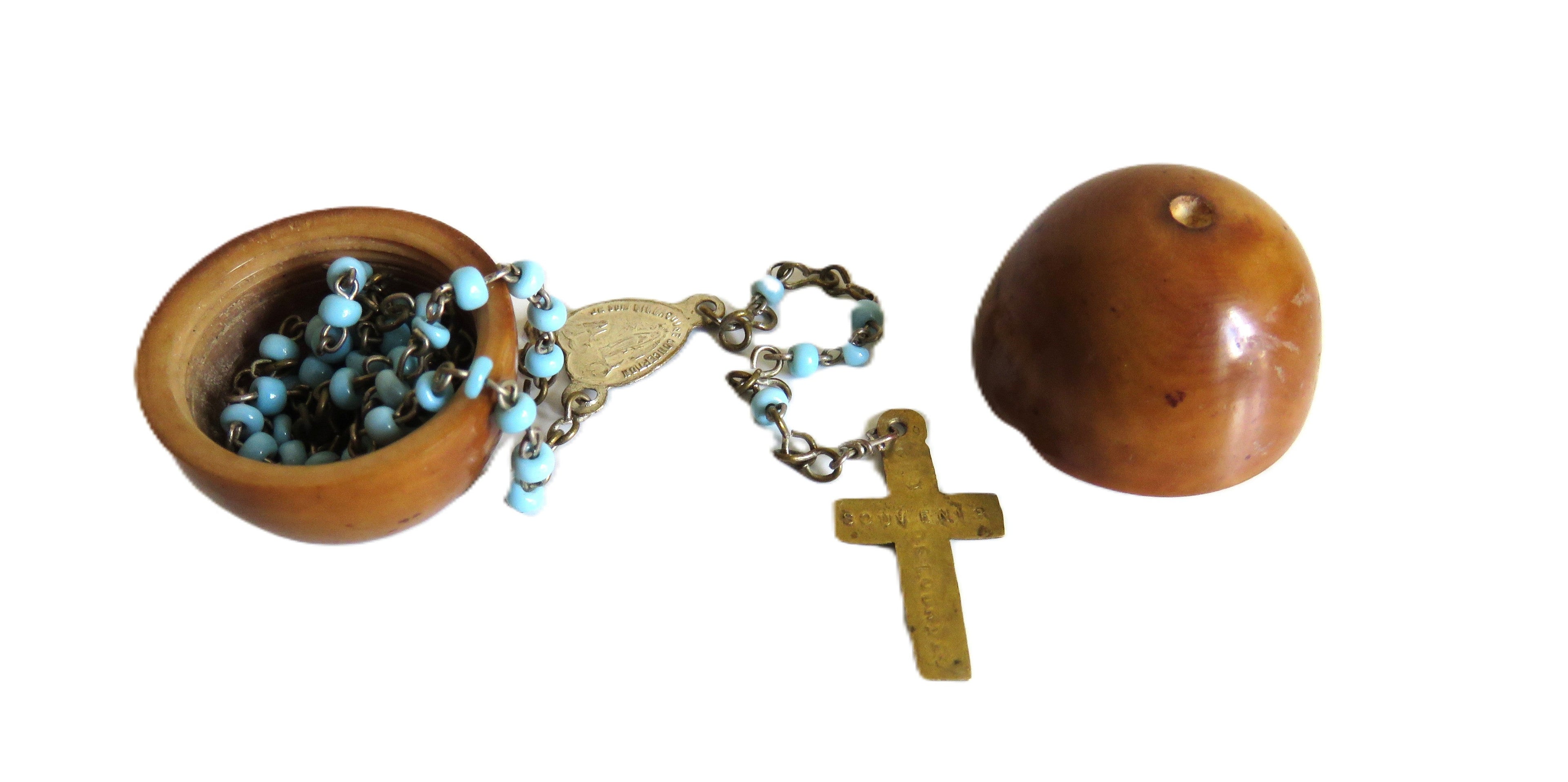 Antique French Lourdes Rosary in Treen Wooden Egg Case - Vintage French Treasures