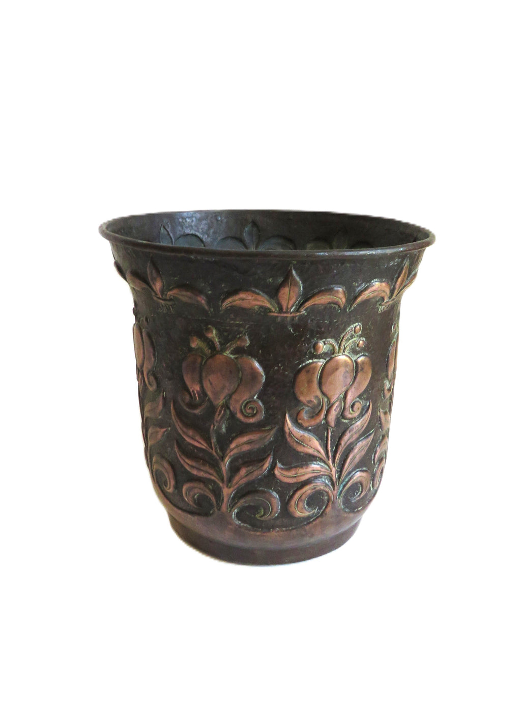 Antique John Pearson 1898 Newlyn Copper Planter, Arts & Crafts Jardinière with Repoussé Tulips - Vintage French Treasures