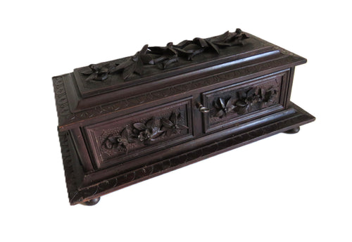 Antique Black Forest Carved Wooden Casket with Floral Decoration - Vintage French Treasures