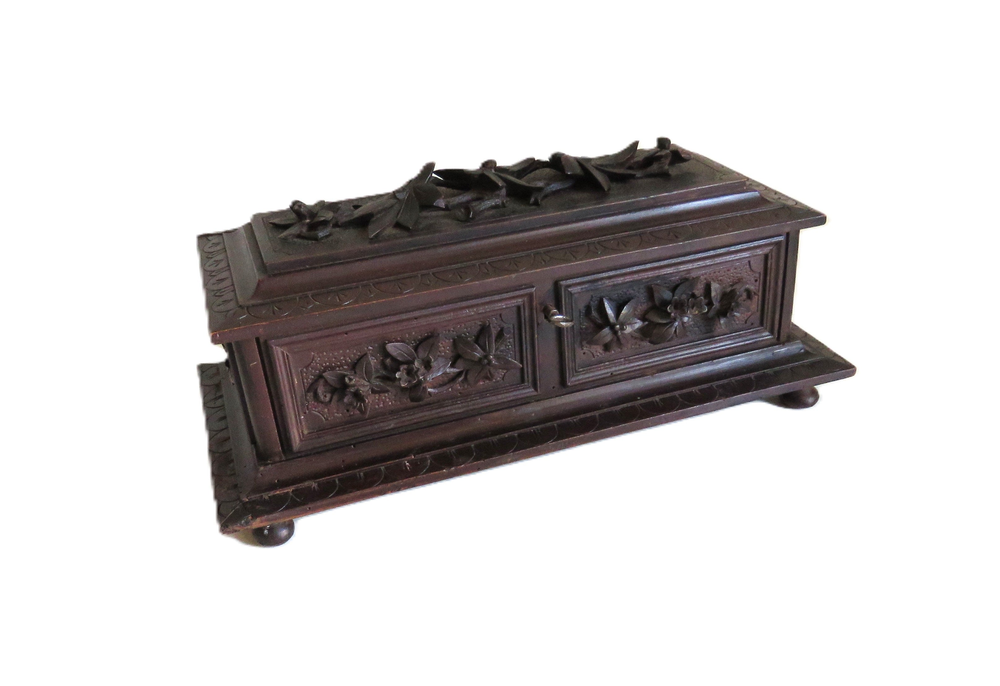 Antique Black Forest Carved Wooden Casket with Floral Decoration - Vintage French Treasures