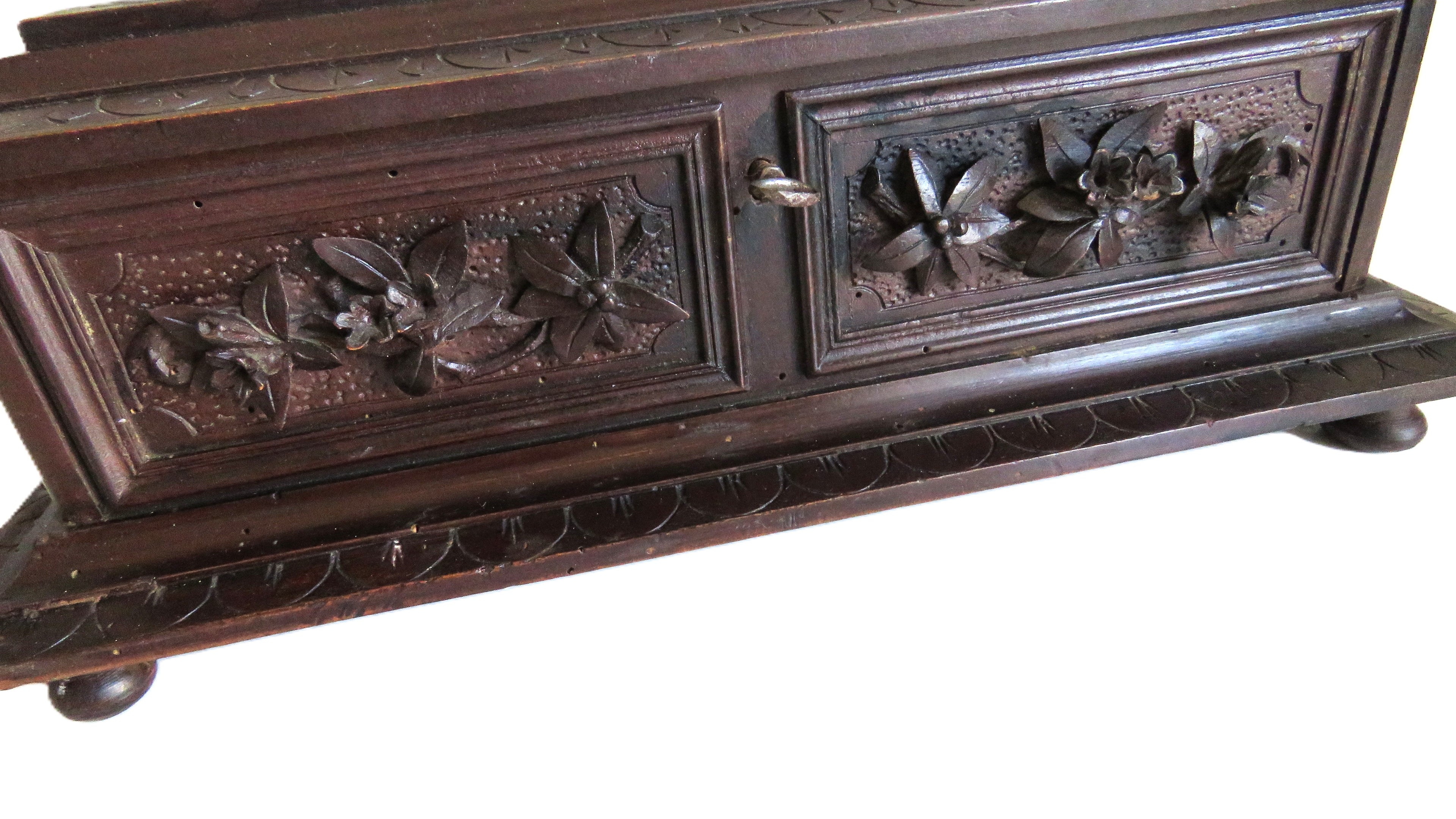 Antique Black Forest Carved Wooden Casket with Floral Decoration - Vintage French Treasures