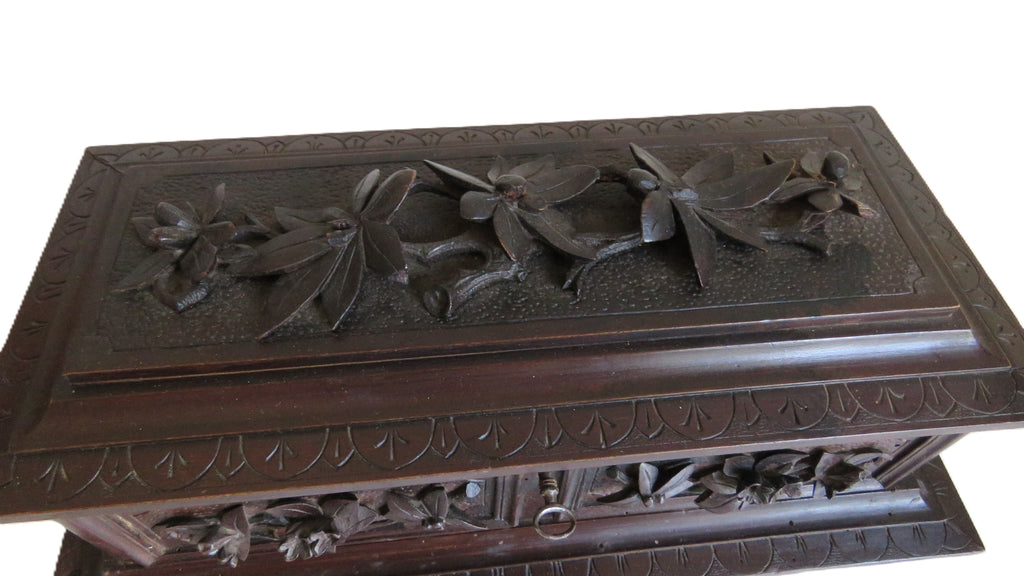 Antique Black Forest Carved Wooden Casket with Floral Decoration - Vintage French Treasures