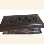 Antique Black Forest Carved Wooden Casket with Floral Decoration -