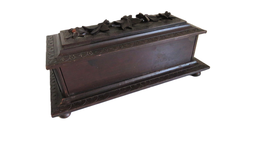 Antique Black Forest Carved Wooden Casket with Floral Decoration - Vintage French Treasures