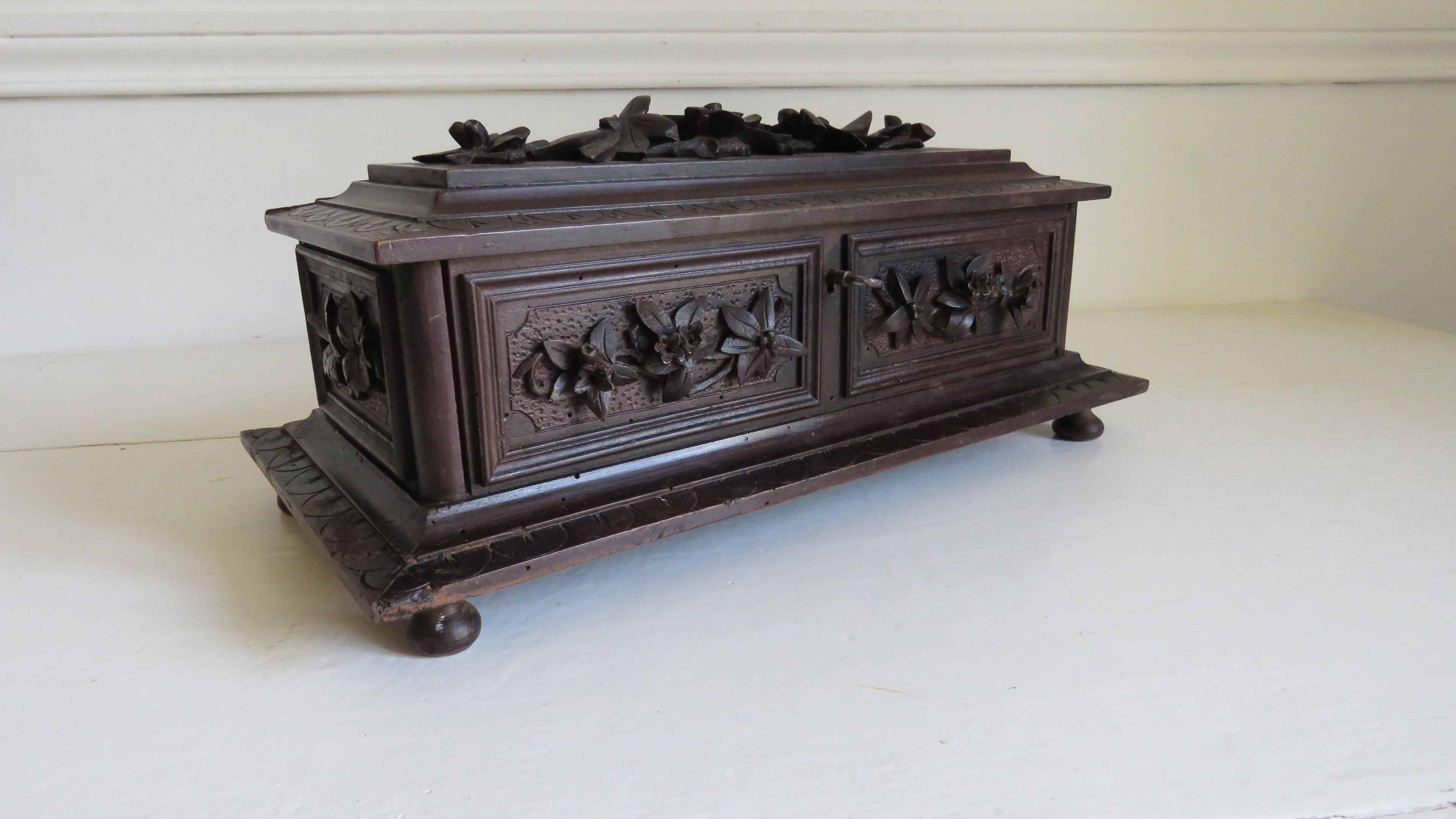 Antique Black Forest Carved Wooden Casket with Floral Decoration - Vintage French Treasures