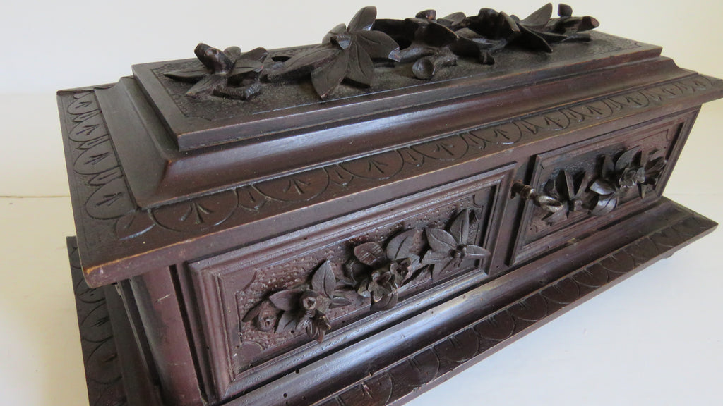 Antique Black Forest Carved Wooden Casket with Floral Decoration - Vintage French Treasures