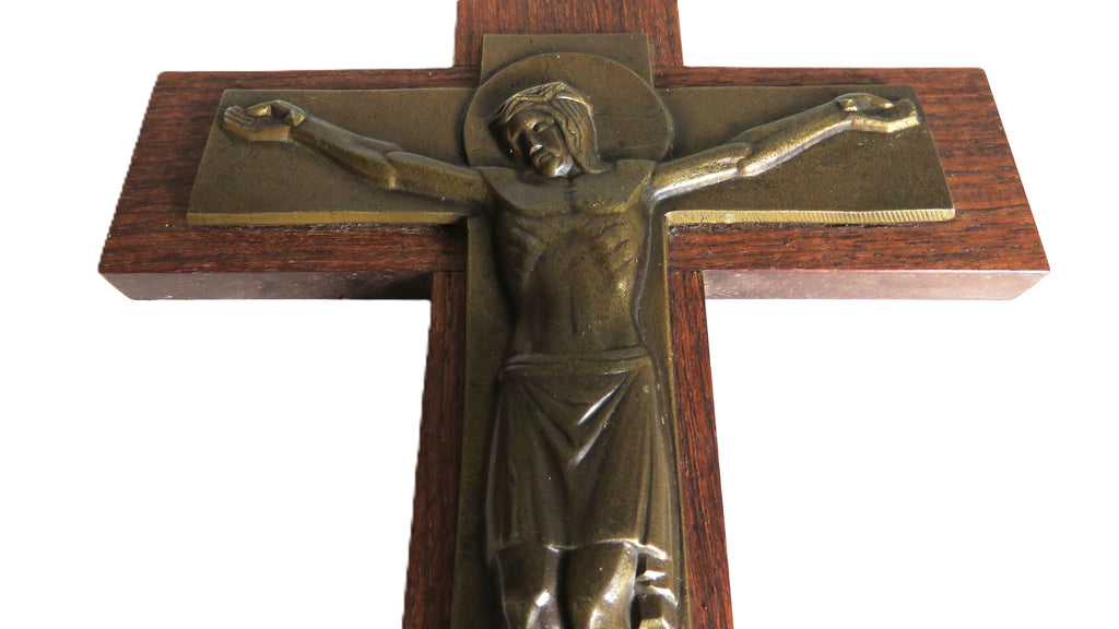 Dermigny Bronze Crucifix on wooden cross on white background