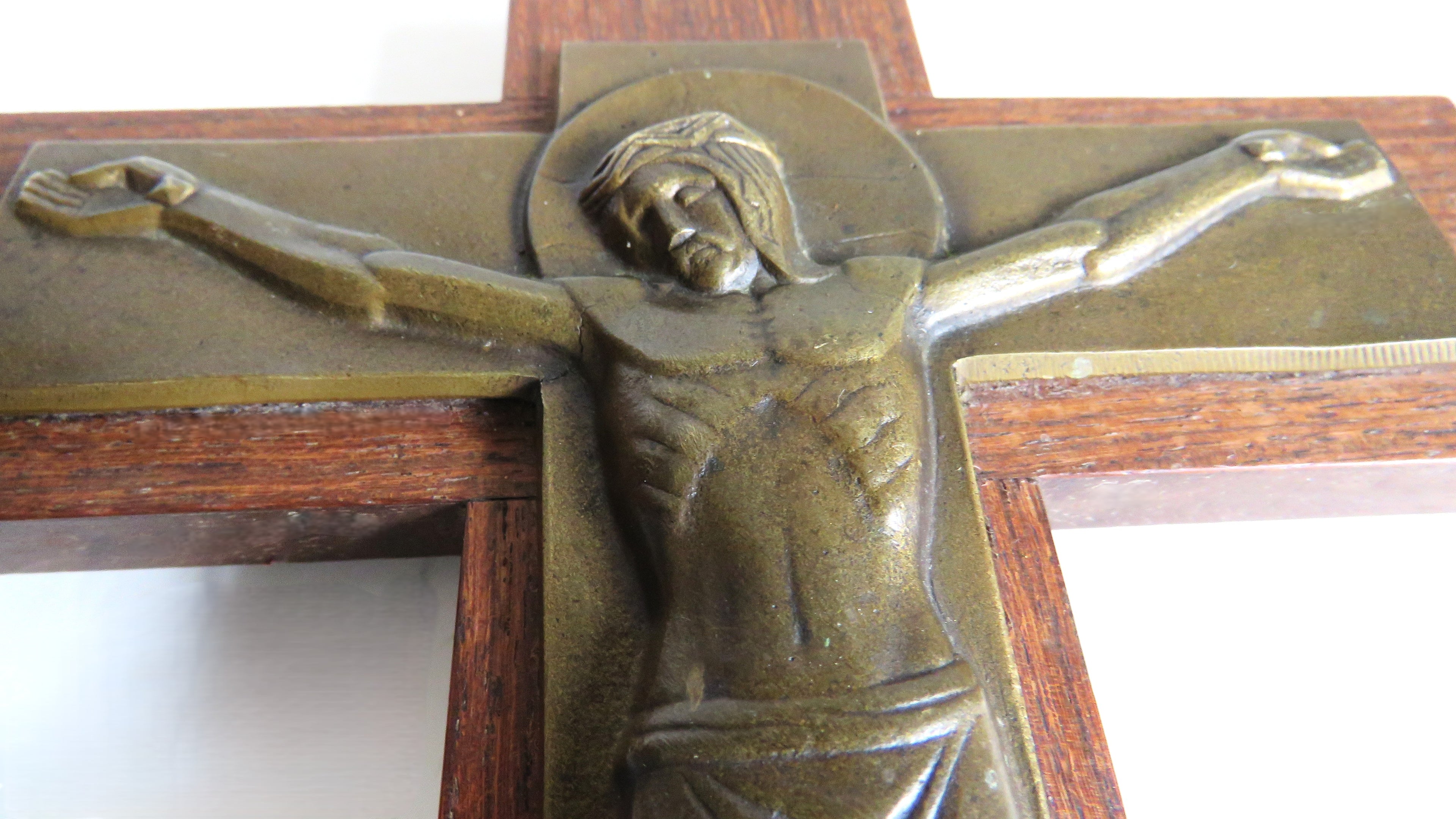Signed S Dermigny Art Deco Crucifix, French Bronze Corpus on Wood Cross, Religious Wall Hanging, Catholic Devotional Decor