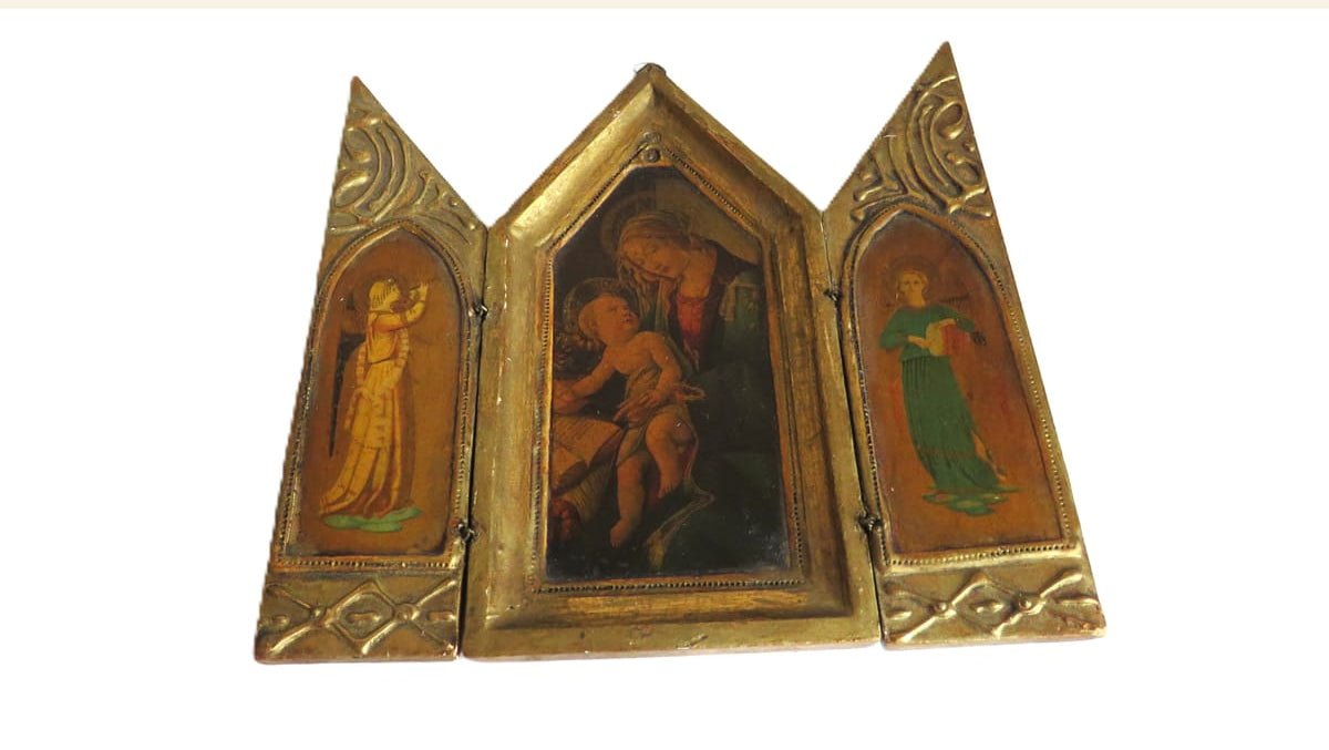 Vintage Florentine Folding Religious Triptych, Madonna and Child, Italian Gilt Devotional Shrine - Vintage French Treasures