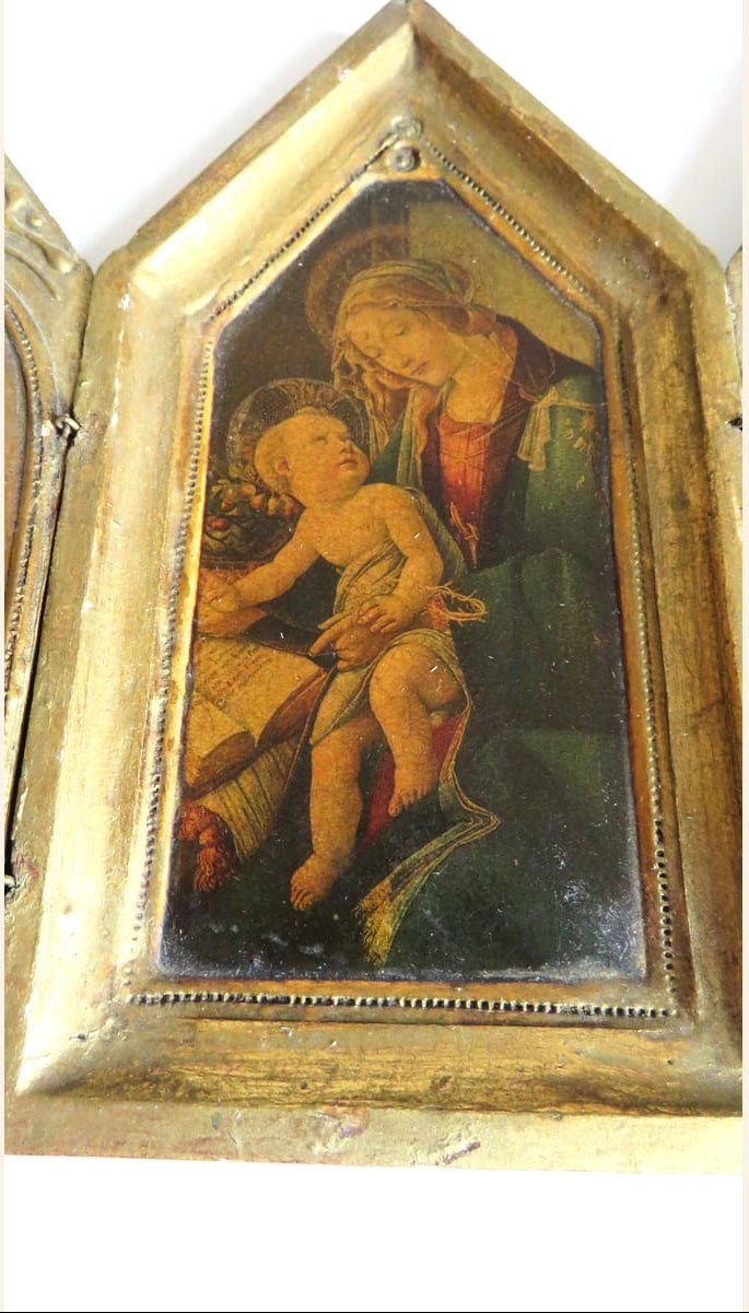 Vintage Florentine Folding Religious Triptych, Madonna and Child, Italian Gilt Devotional Shrine - Vintage French Treasures