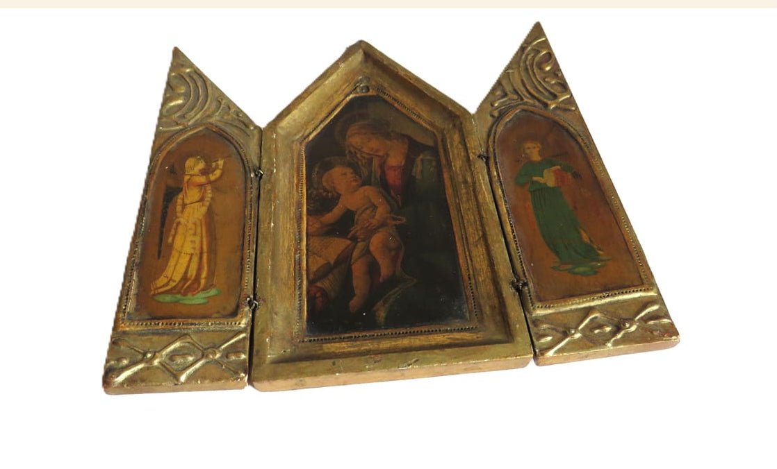 Vintage Florentine Folding Religious Triptych, Madonna and Child, Italian Gilt Devotional Shrine - Vintage French Treasures