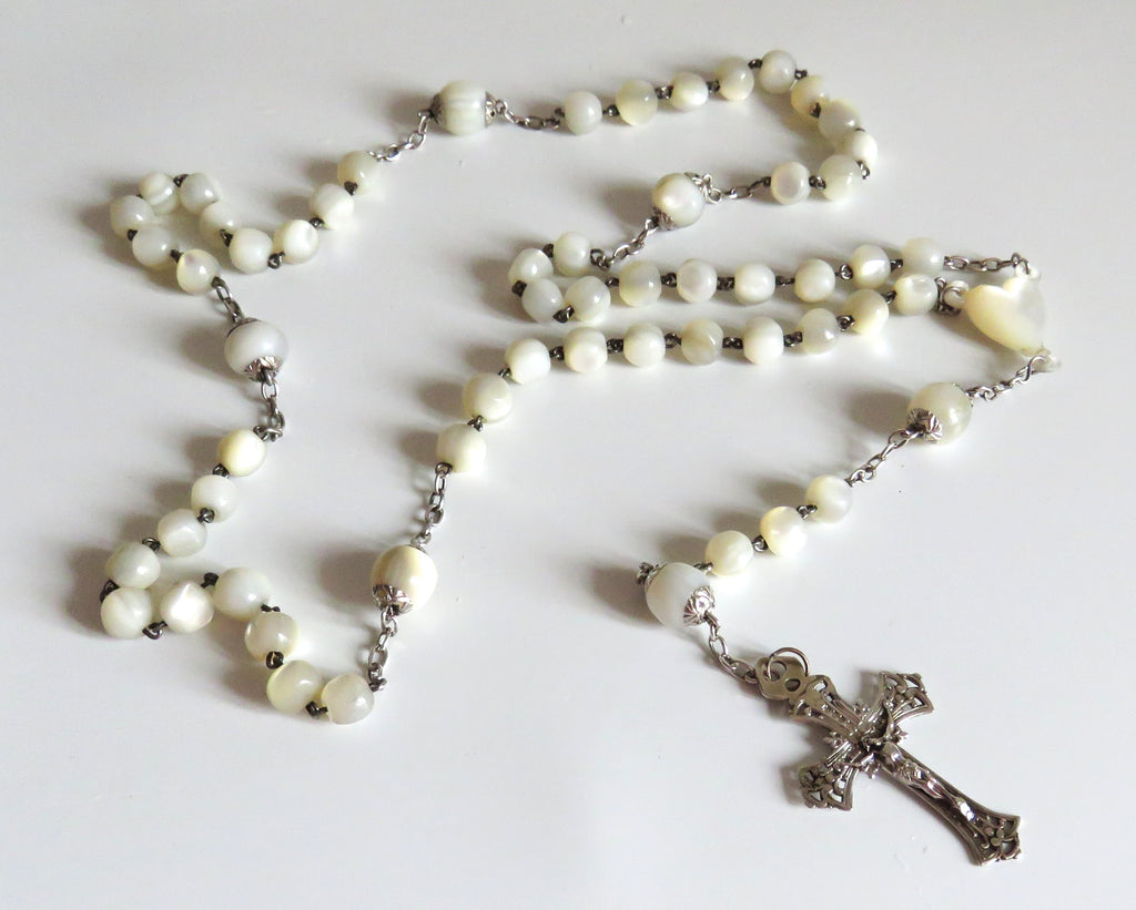 Antique French Mother of Pearl & Silver Rosary Heart Centre Gothic Crucifix