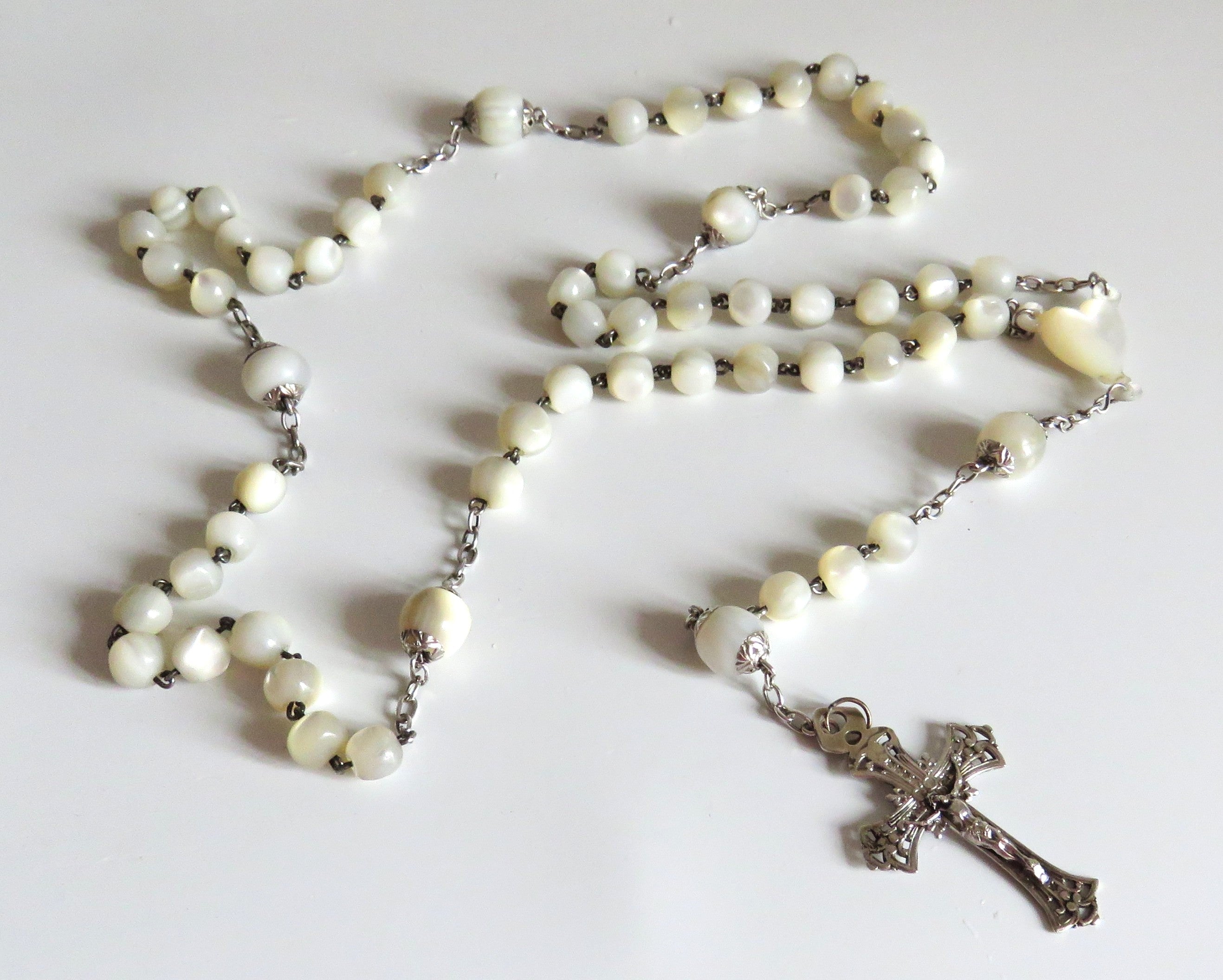 Antique French Mother of Pearl & Silver Rosary Heart Centre Gothic Crucifix
