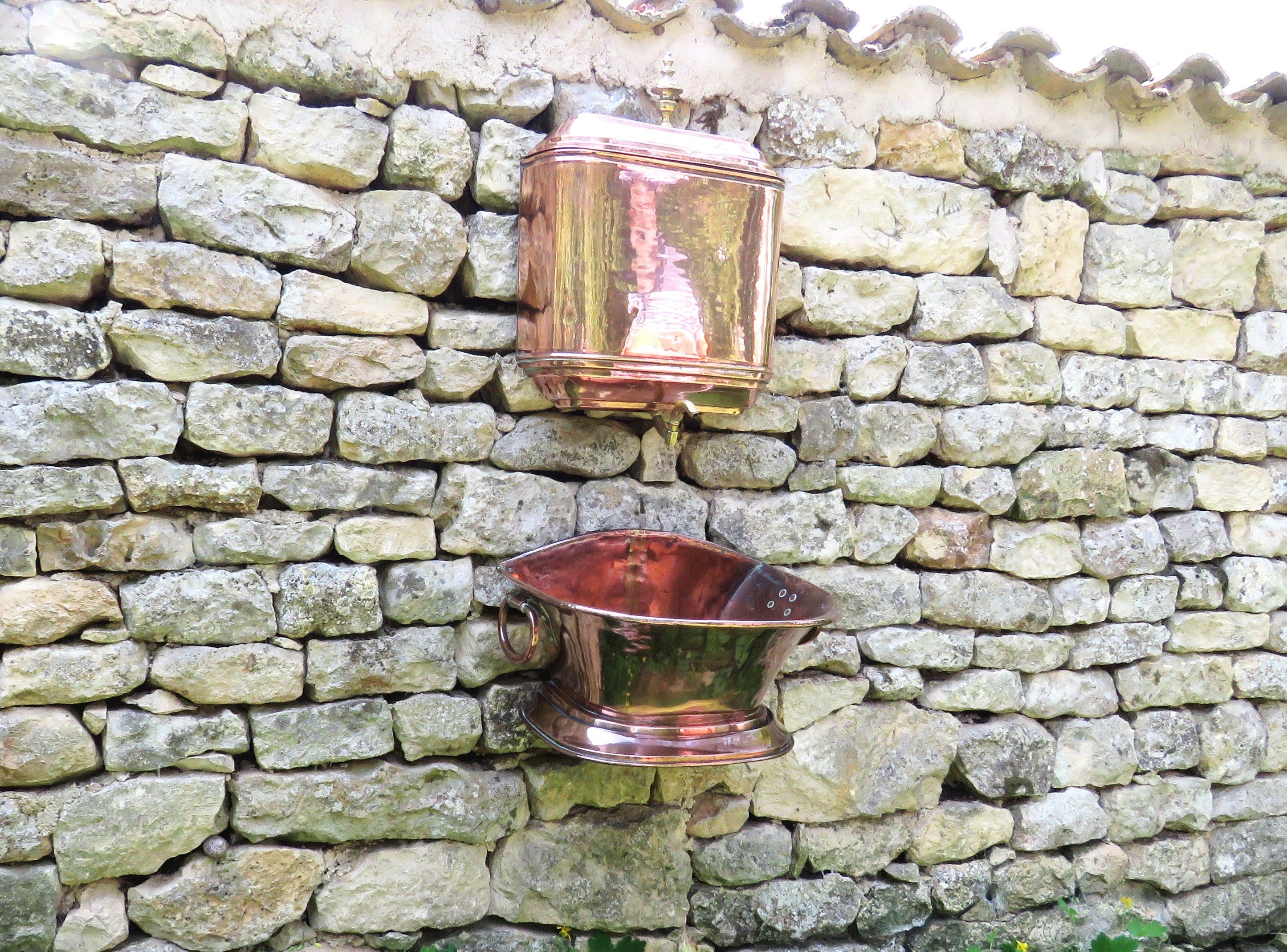 Authentic Antique French Copper Wall Fountain Basin & Water Reservoir - Vintage French Treasures