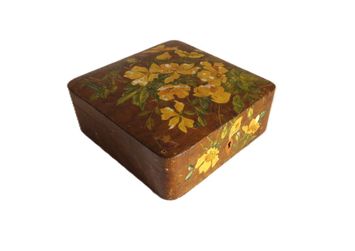 Antique French Hand - Painted Floral Wooden Keepsake Box – Tufted Pink Silk Interior – Dated 30 Août 1899 - Vintage French Treasures
