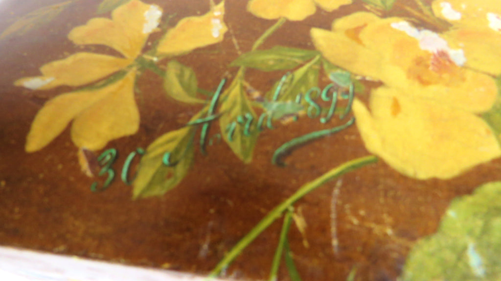 Antique French Hand - Painted Floral Wooden Keepsake Box – Tufted Pink Silk Interior – Dated 30 Août 1899 - Vintage French Treasures