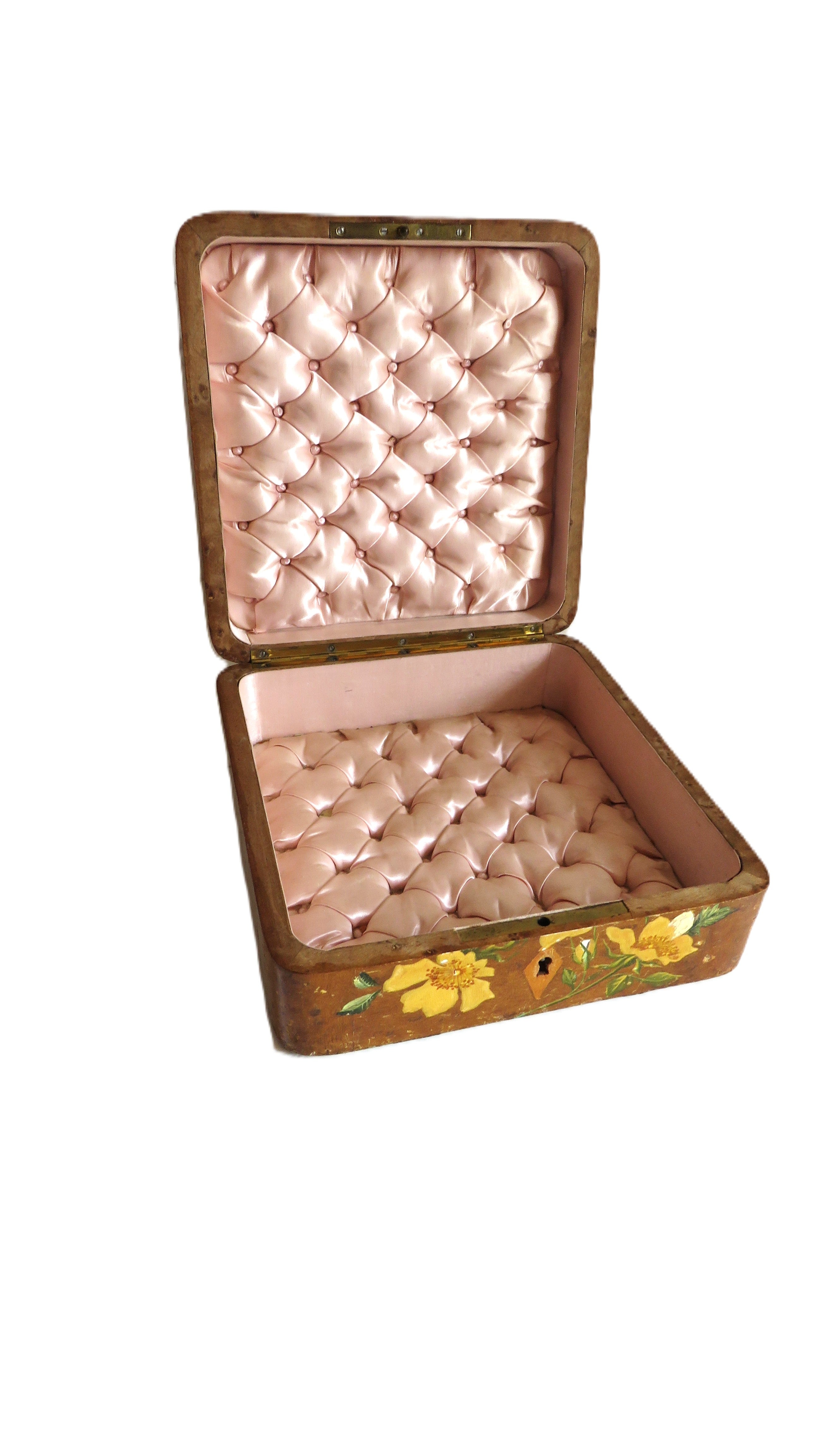 Antique French Hand - Painted Floral Wooden Keepsake Box – Tufted Pink Silk Interior – Dated 30 Août 1899 - Vintage French Treasures