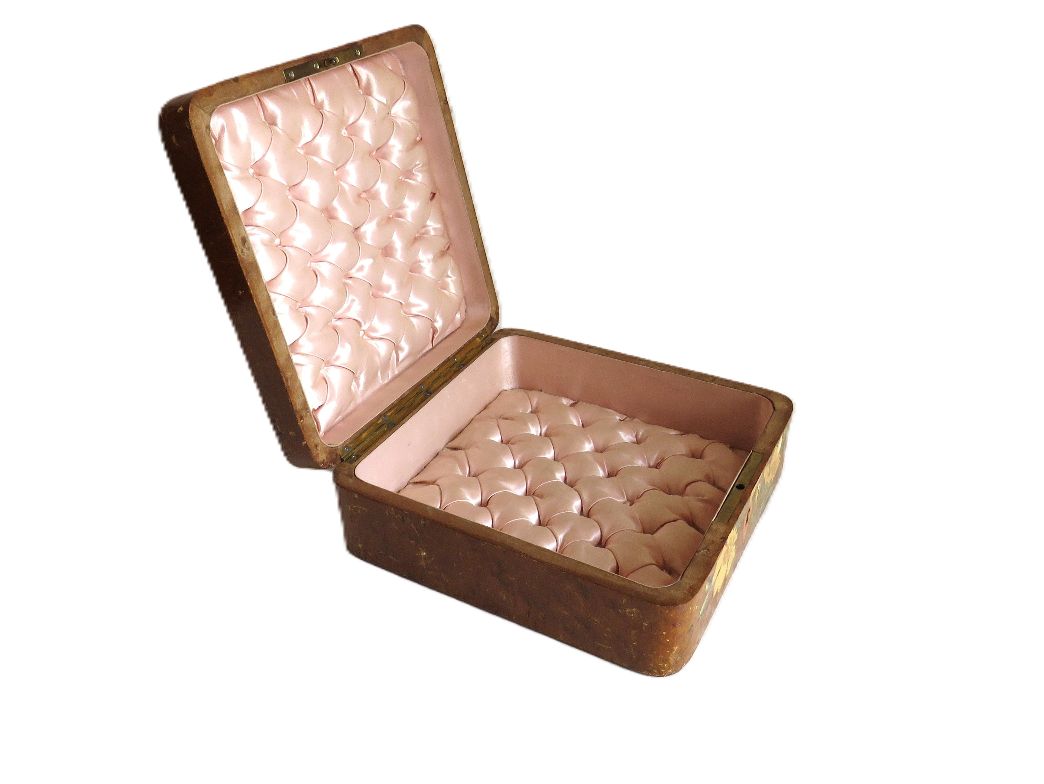 Antique French Hand - Painted Floral Wooden Keepsake Box – Tufted Pink Silk Interior – Dated 30 Août 1899 - Vintage French Treasures