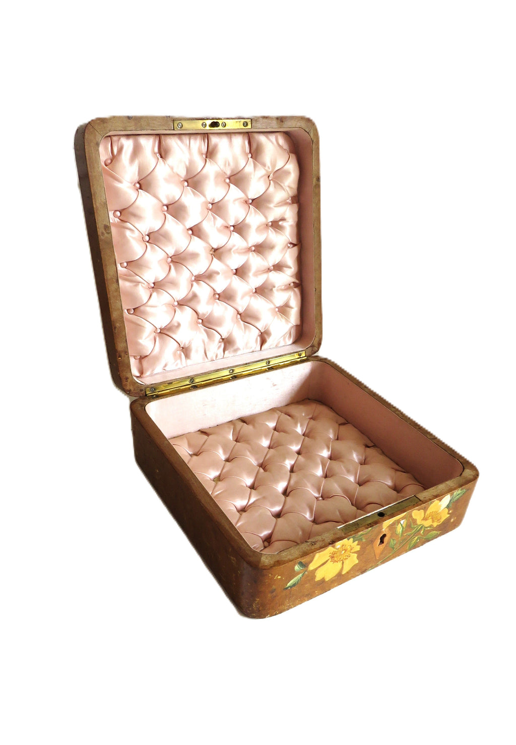Antique French Hand - Painted Floral Wooden Keepsake Box – Tufted Pink Silk Interior – Dated 30 Août 1899 - Vintage French Treasures