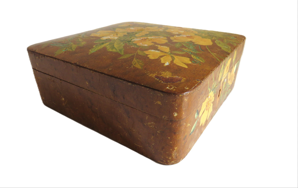 Antique French Hand - Painted Floral Wooden Keepsake Box – Tufted Pink Silk Interior – Dated 30 Août 1899 - Vintage French Treasures
