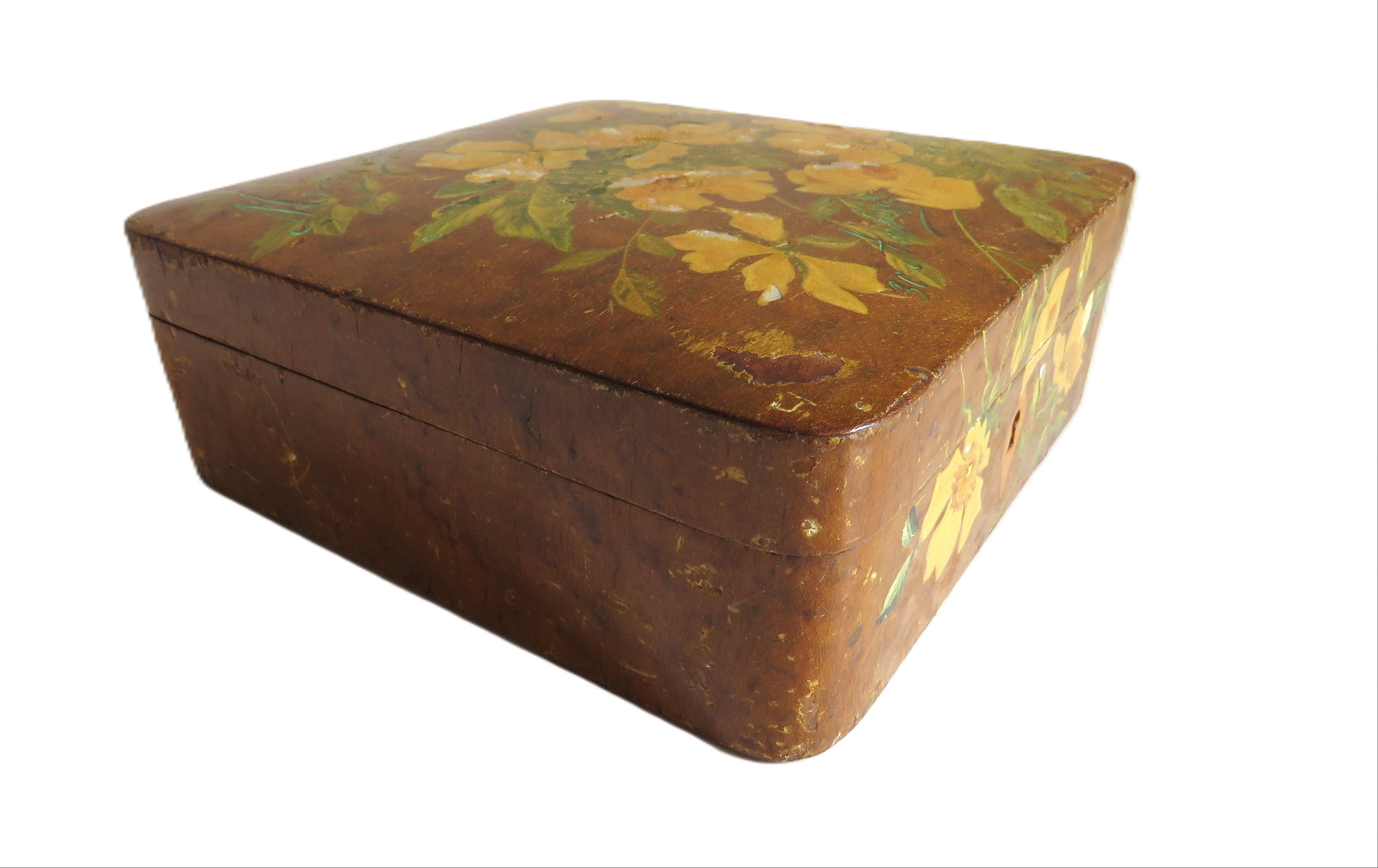 Antique French Hand - Painted Floral Wooden Keepsake Box – Tufted Pink Silk Interior – Dated 30 Août 1899 - Vintage French Treasures