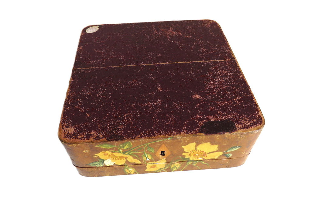 Antique French Hand - Painted Floral Wooden Keepsake Box – Tufted Pink Silk Interior – Dated 30 Août 1899 - Vintage French Treasures