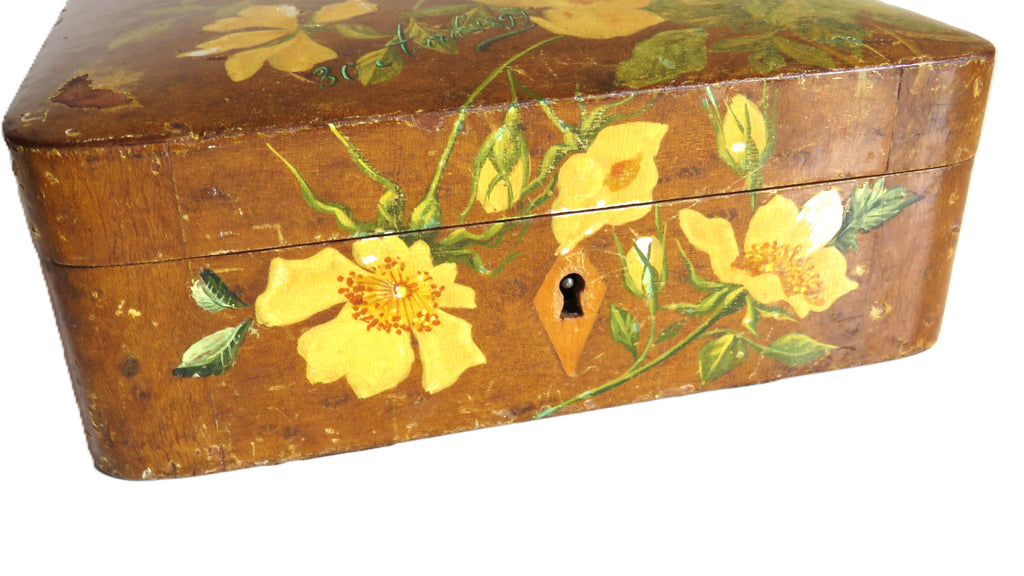 Antique French Hand - Painted Floral Wooden Keepsake Box – Tufted Pink Silk Interior – Dated 30 Août 1899 - Vintage French Treasures