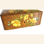 Antique French Hand - Painted Floral Wooden Keepsake Box – Tufted Pink Silk Interior – Dated 30 Août 1899 -